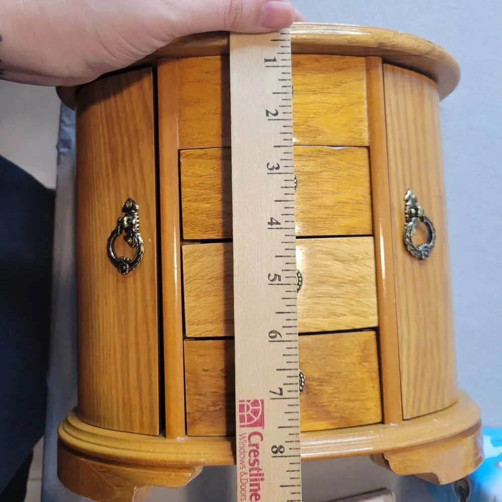 Vintage Mele Wooden Jewelry Box Armoire Heart Hardware Lining Mirror